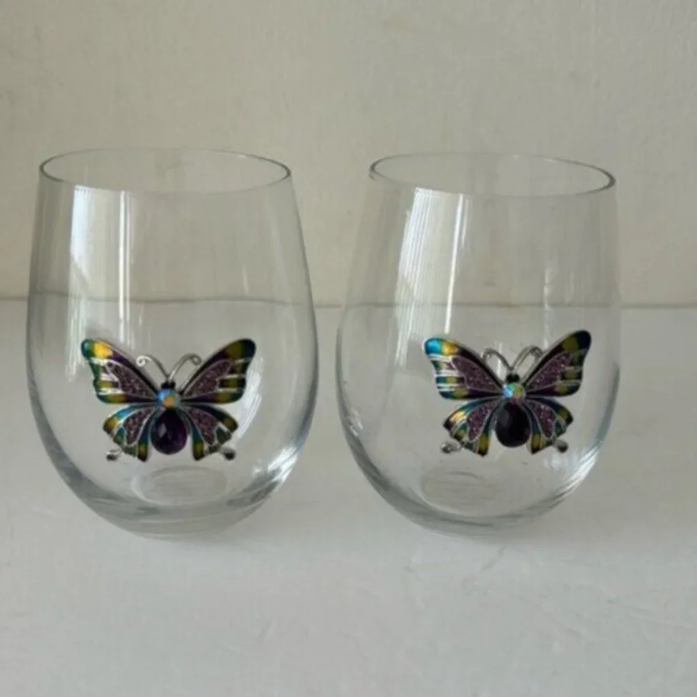 RACHEL ZOE 2 pc Jewel stemless wine glasses W gem and rhinestone butterfly
